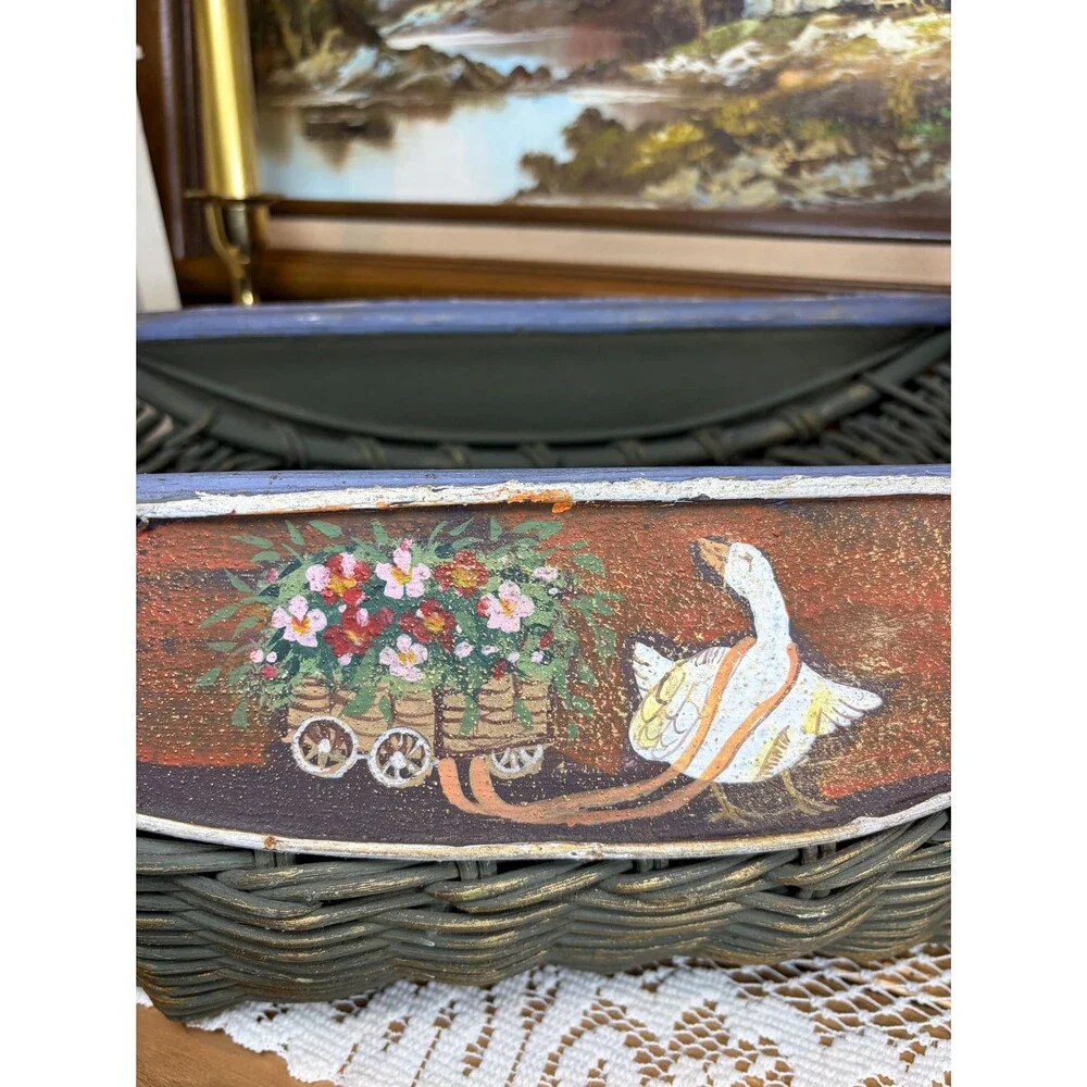 Vintage Hand Painted Goose Flower Cart Wicker Basket Country Cottagecore Decor